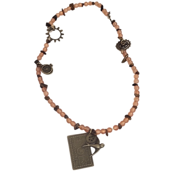 14K Gold Steampunk Bronze Gears Frosted Glass Necklace - Picture 3 of 3